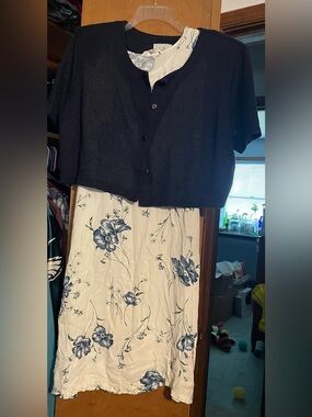 Floral Midi 2 Piece Dress in Ivory and Blue
